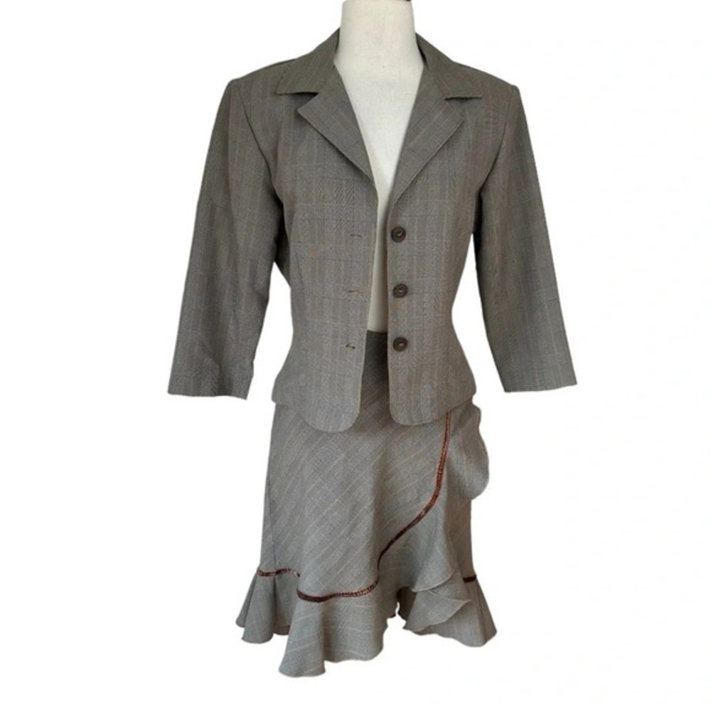 Vintage A-list by wrapper 7 brown plaid lightweight‎  career wear skirt suit